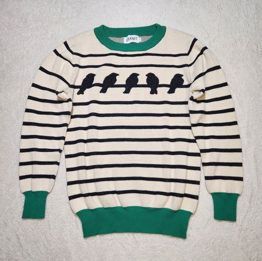 OXKnit Women's Small Retro Striped Bird Jacquard Knitwear Sweater